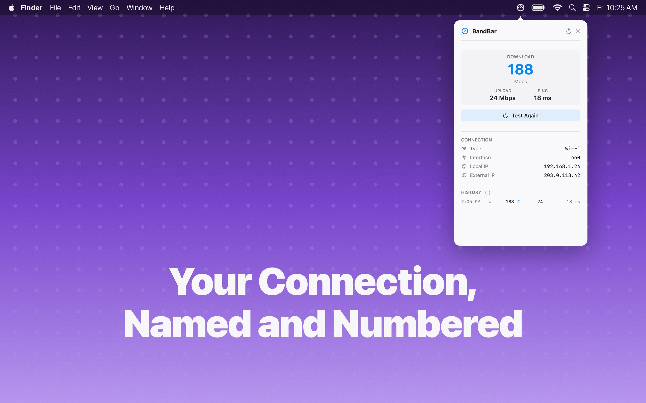 BandBar in the macOS menu bar showing connection type, interface and IP addresses