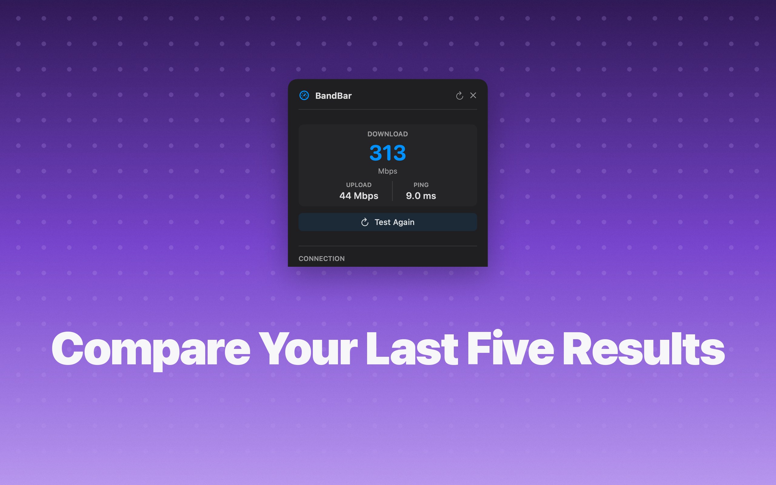 BandBar in dark mode listing recent test results for comparison