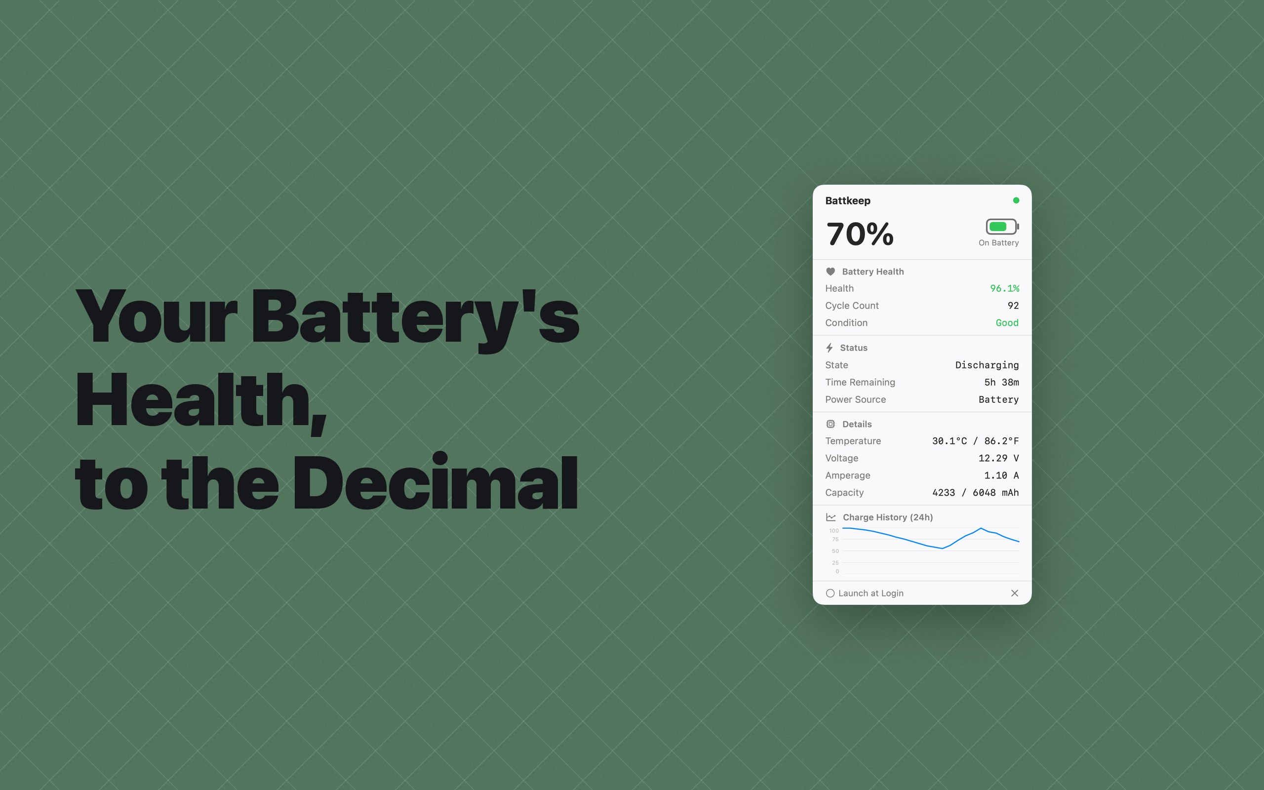 Battkeep showing battery health, cycle count, and condition
