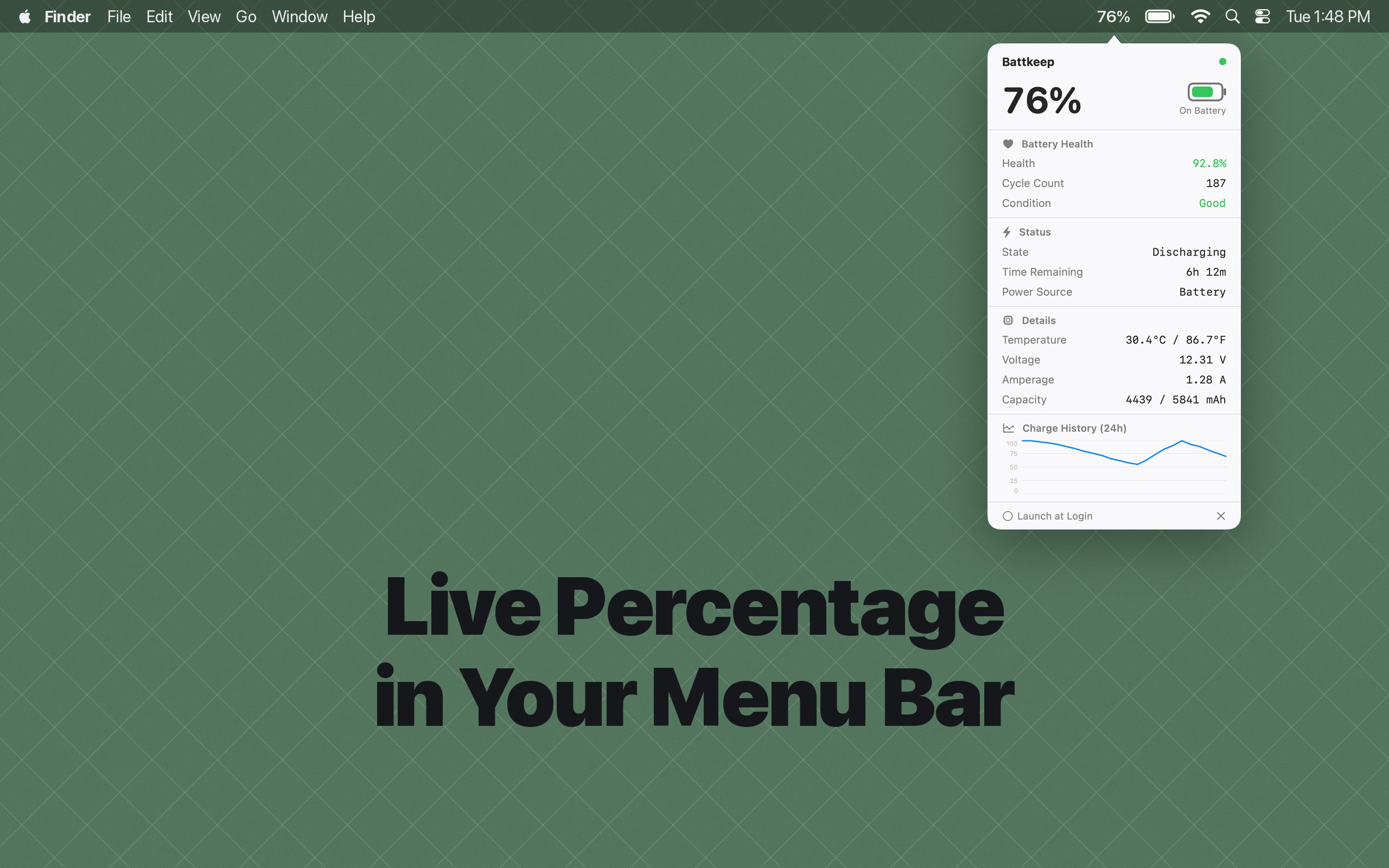 Battkeep's live percentage in the Mac menu bar