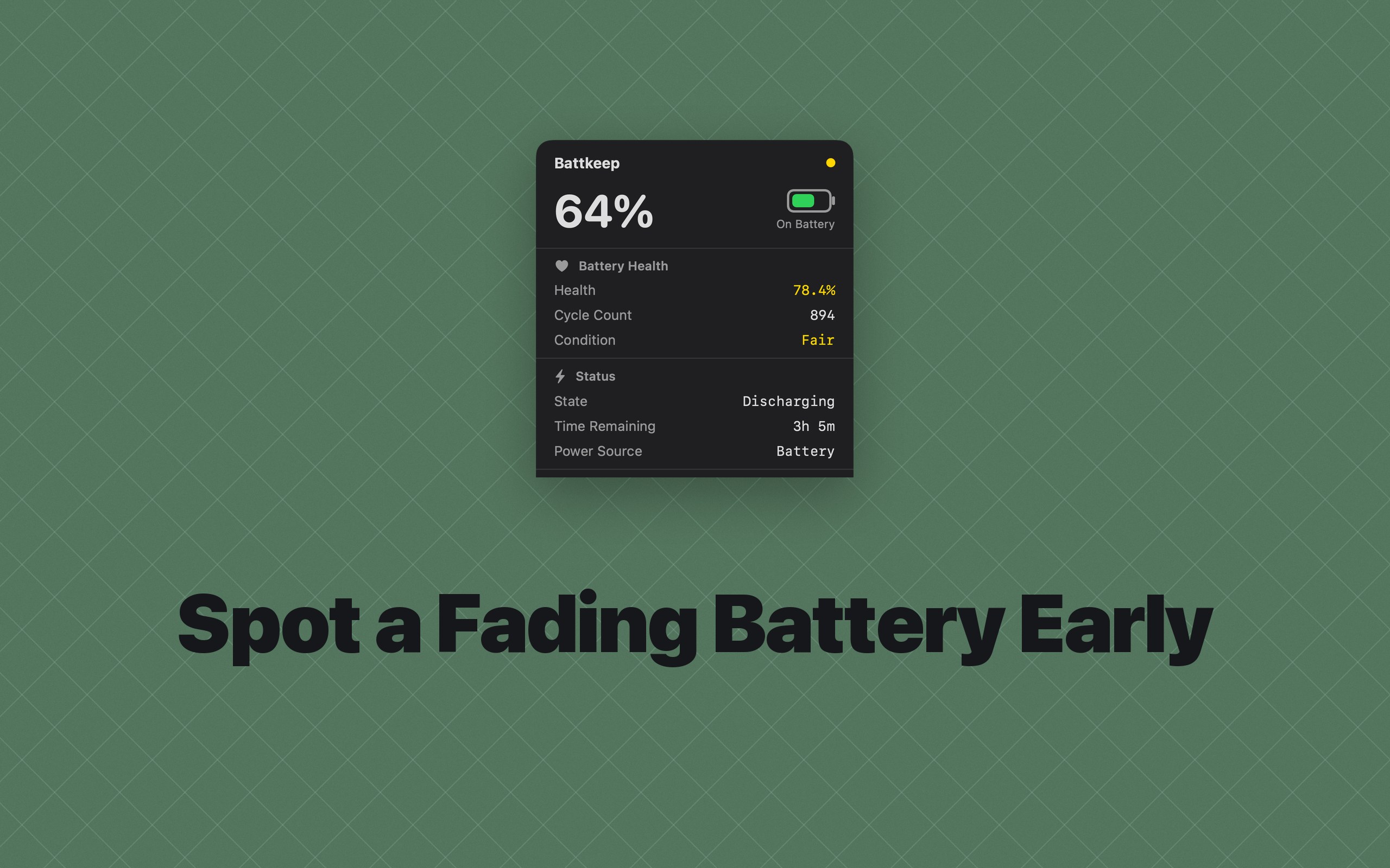 Battkeep showing a worn battery's health, cycle count, and Fair condition rating