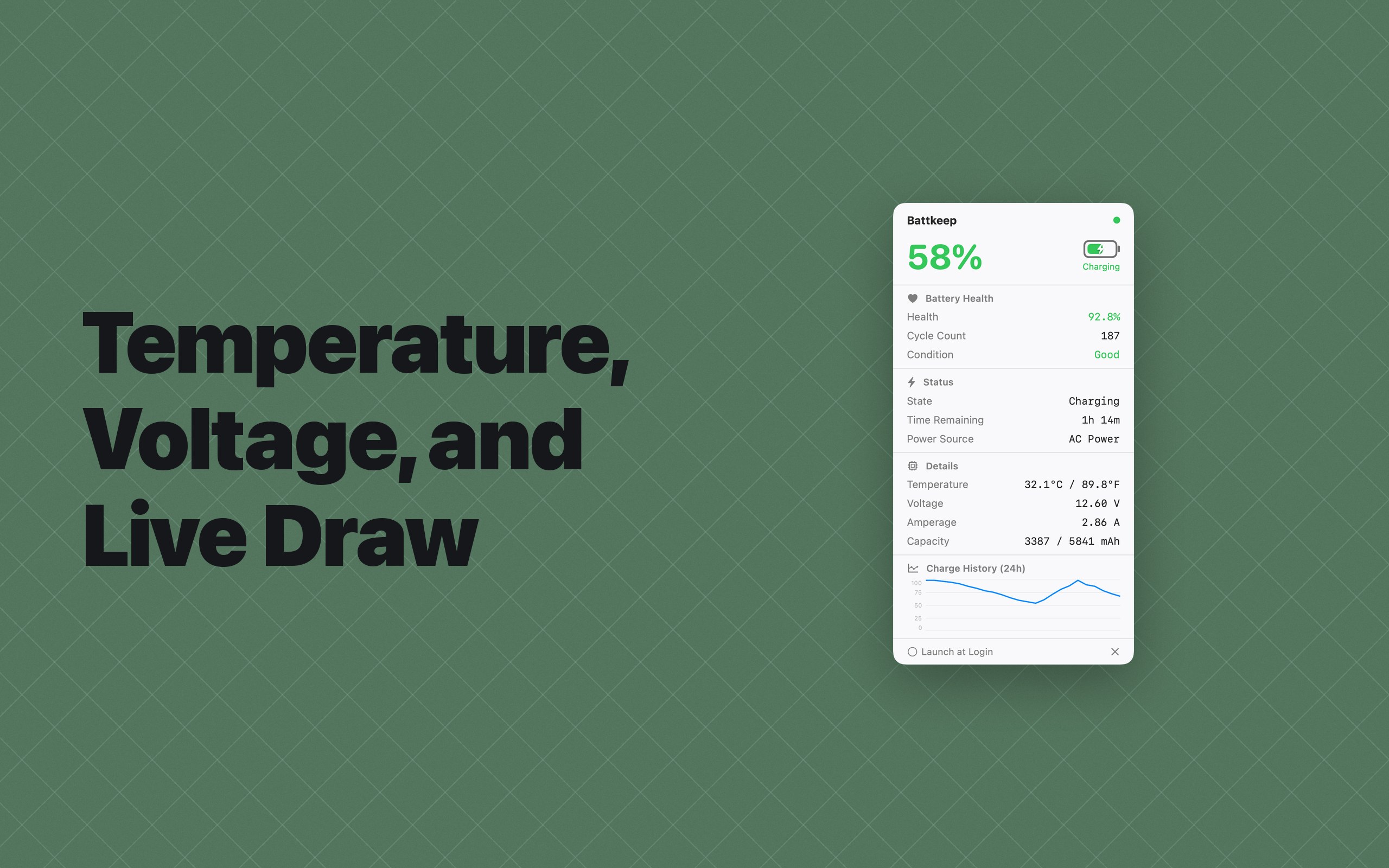Battkeep showing temperature, voltage, and live power draw