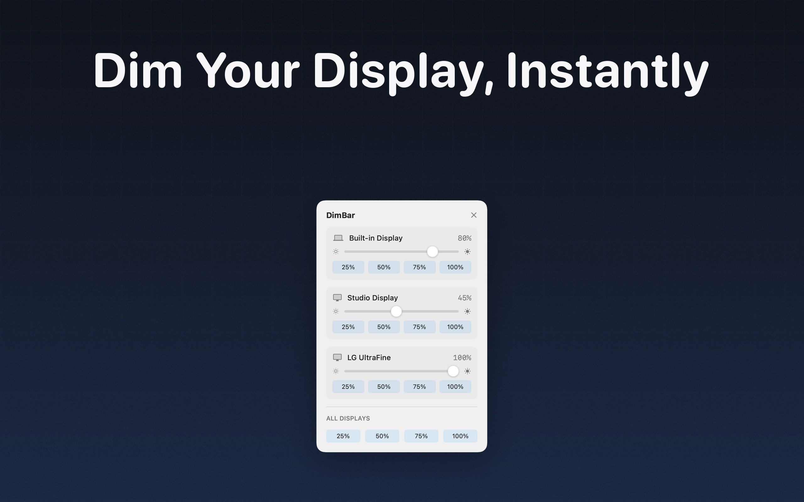 DimBar dimming your display instantly from the macOS menu bar