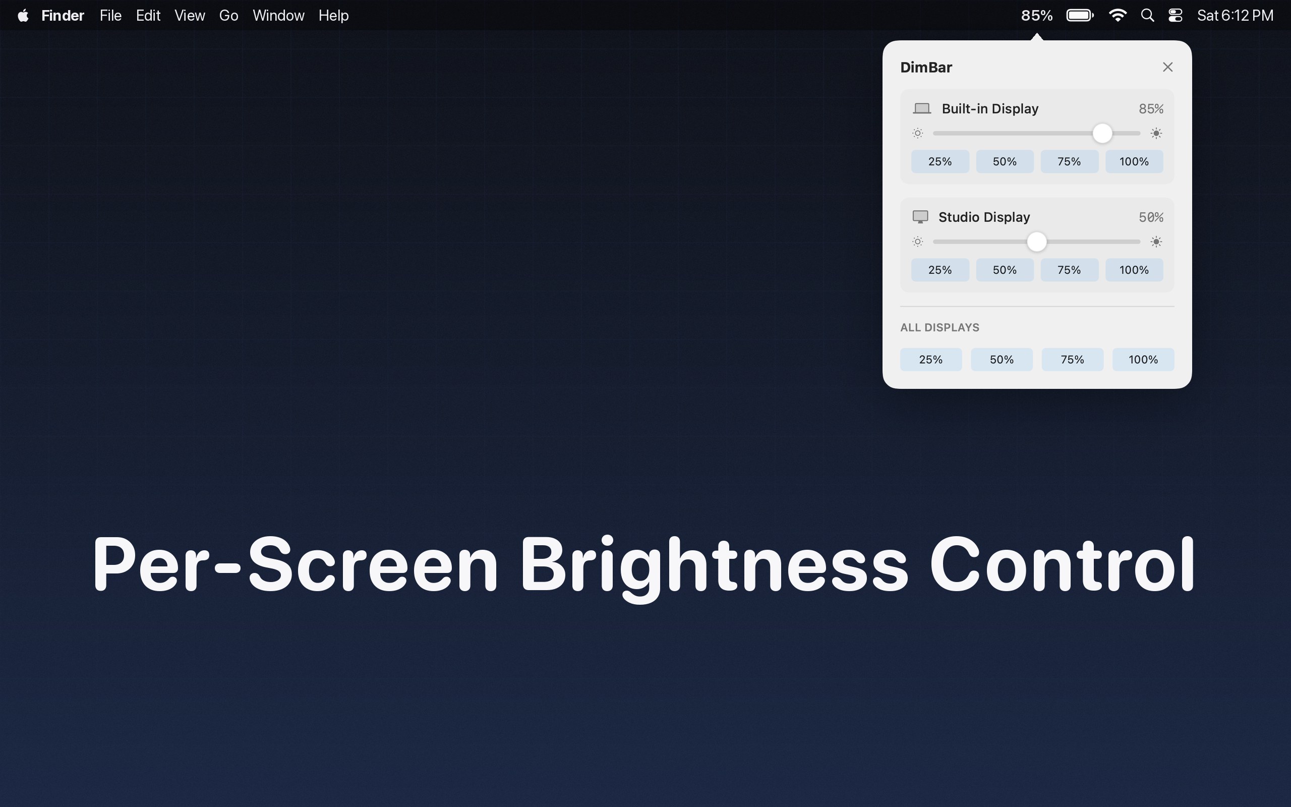 DimBar per-screen brightness control with the live menu bar readout