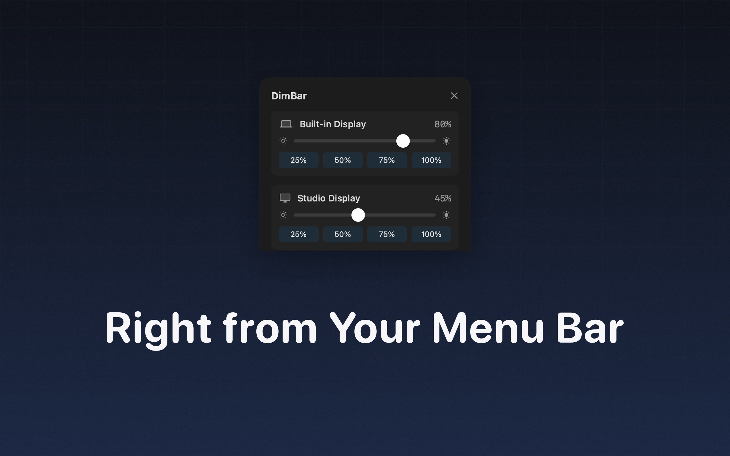 DimBar brightness controls open right from the menu bar in dark mode