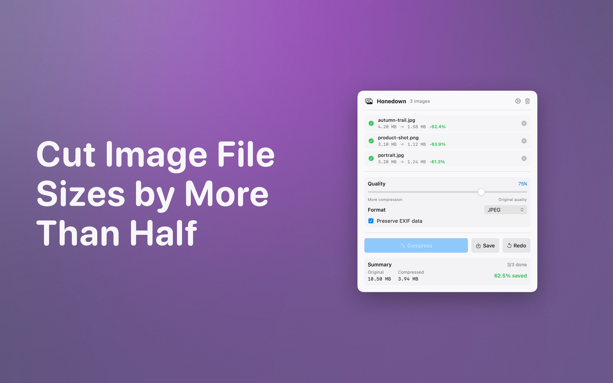 Live preview with quality slider showing file size savings