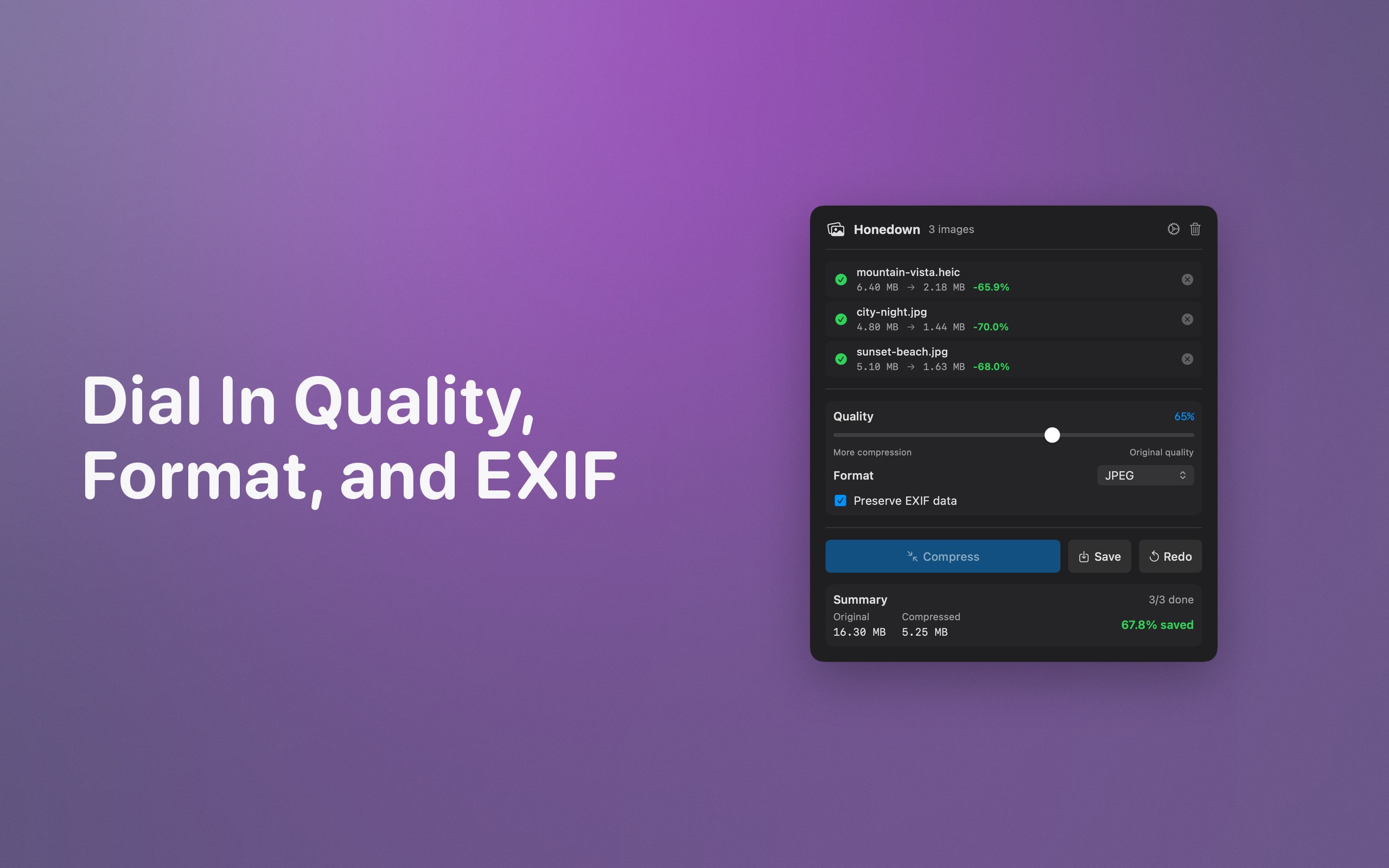 Quality slider, format picker, and EXIF toggle before compressing