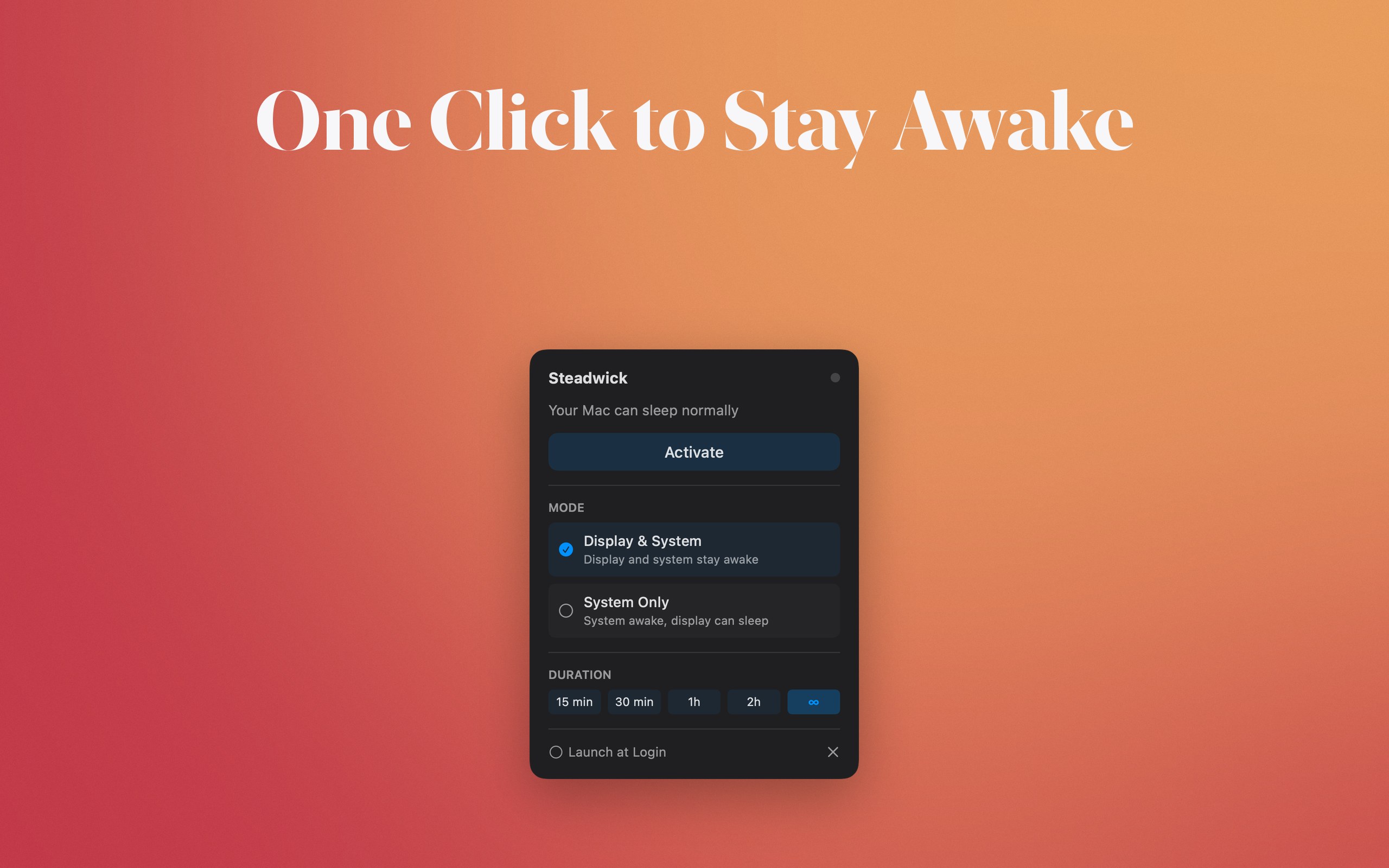 Steadwick's popover with awake modes and a timer in dark mode