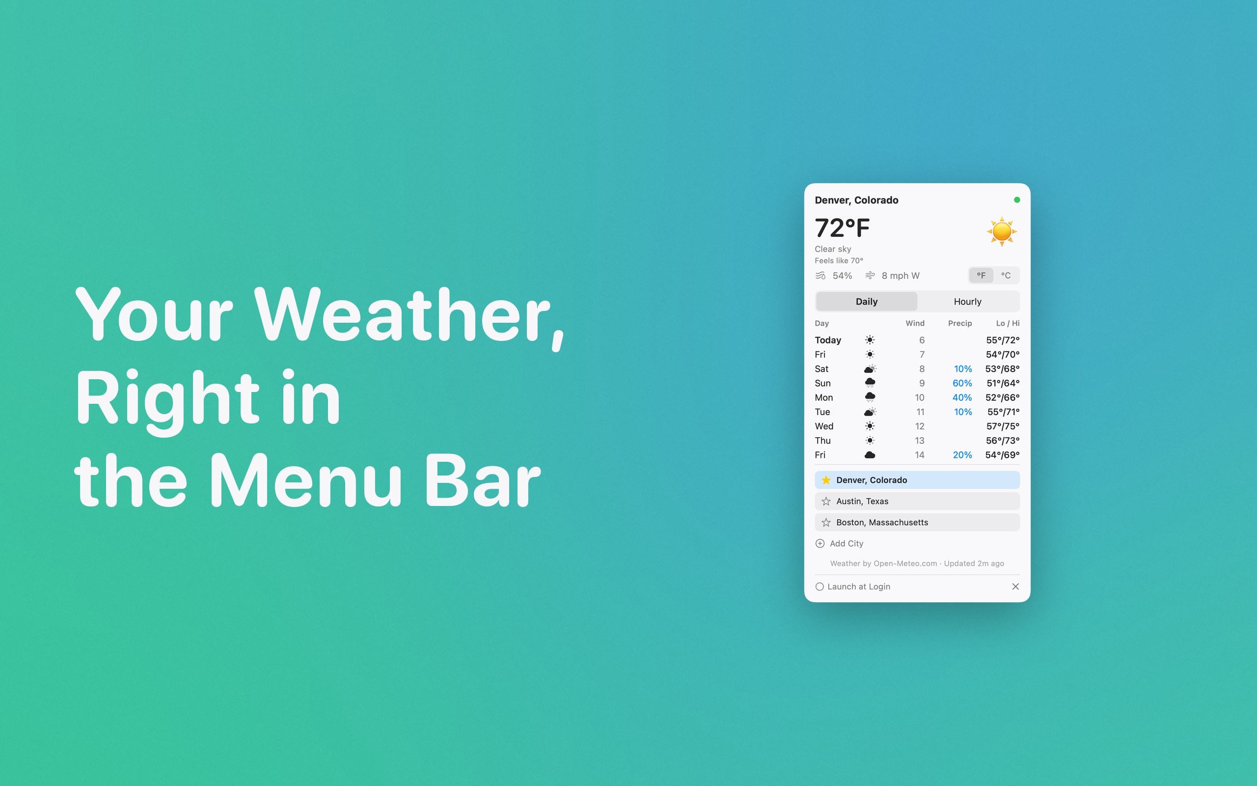 Vanecast showing the current temperature and a nine day forecast in the Mac menu bar