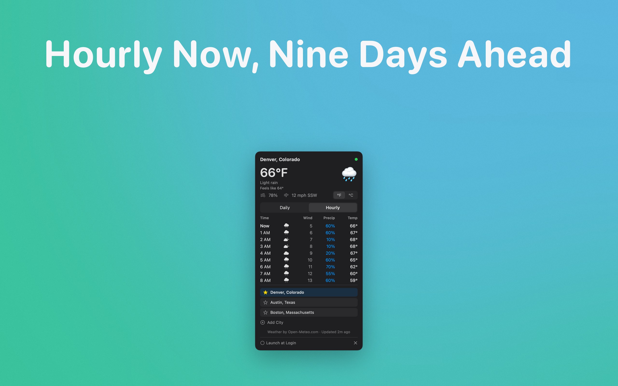 Vanecast's hourly forecast for the next day in dark mode
