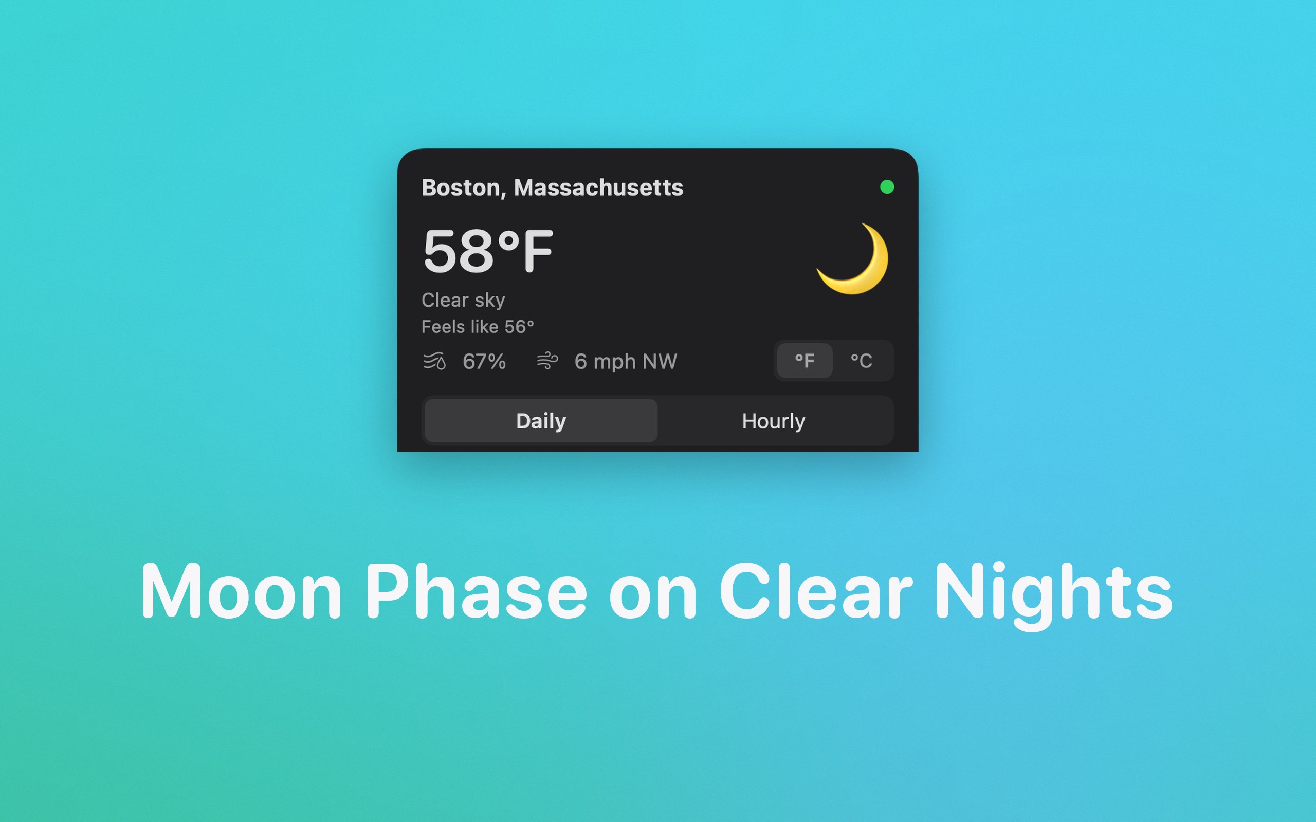 Vanecast showing the moon phase on a clear night in dark mode